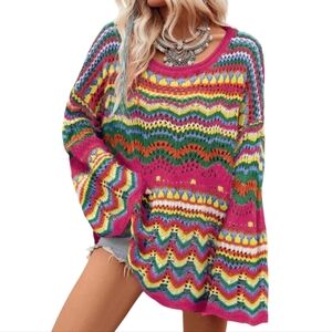 NEW Red Rainbow Multicolor Striped Hollowed Knit Women's Sweater Loose Sleeve M